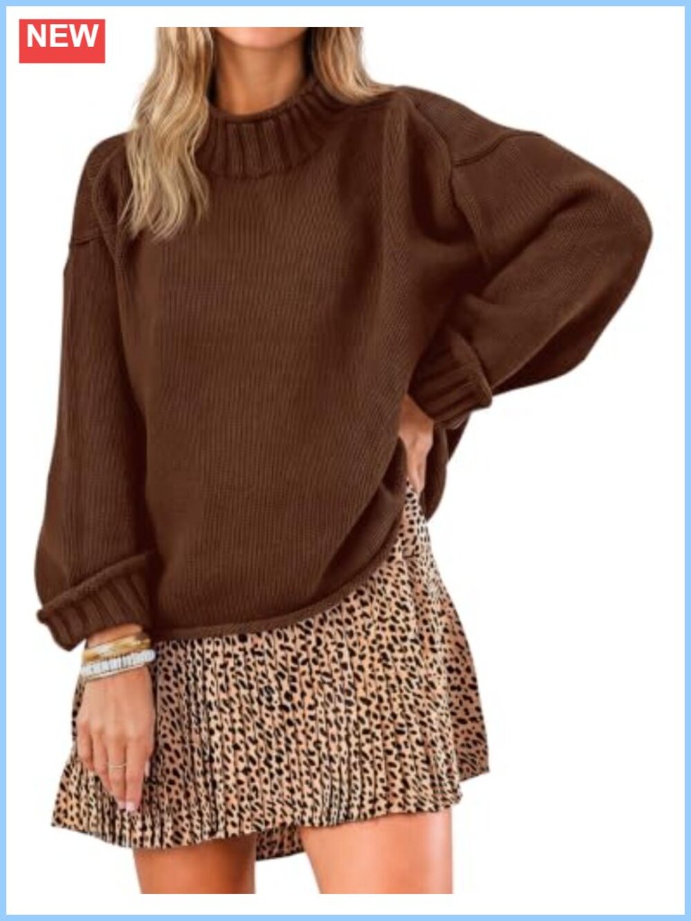 Oversized Chunky Knit Pullover Sweater, Mock Neck Long Sleeve Cotton Women